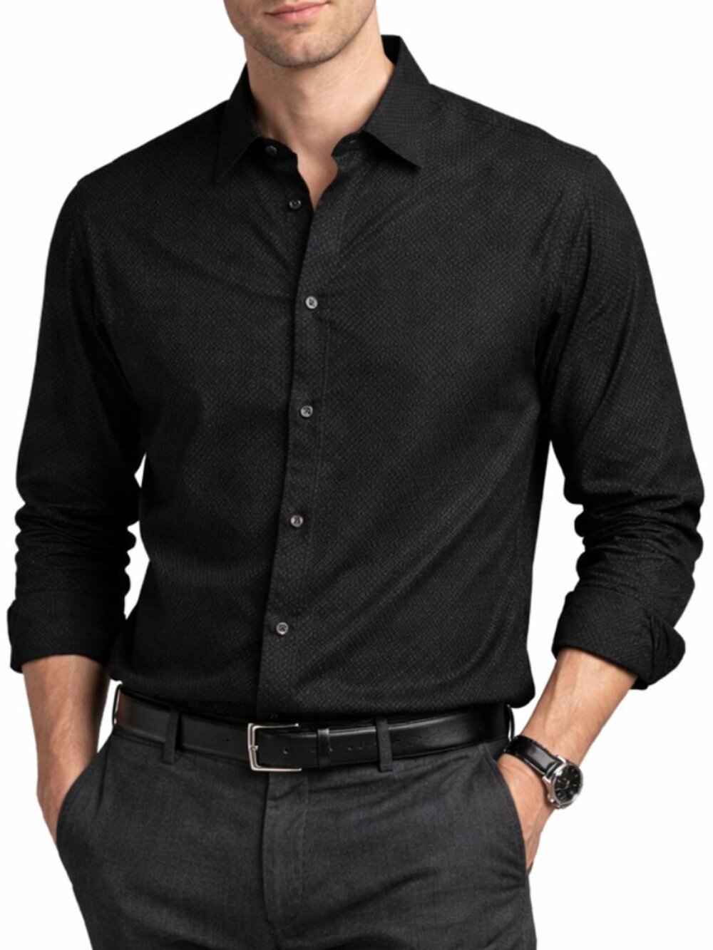Stamp 10 100% Cotton Textured Black Button-Up | Size Large